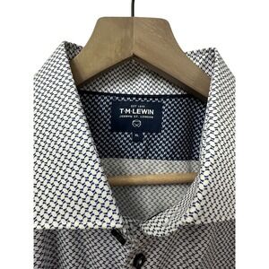 TM Lewin Button Down Shirt XL White Navy Geometric Print Long Sleeve Career